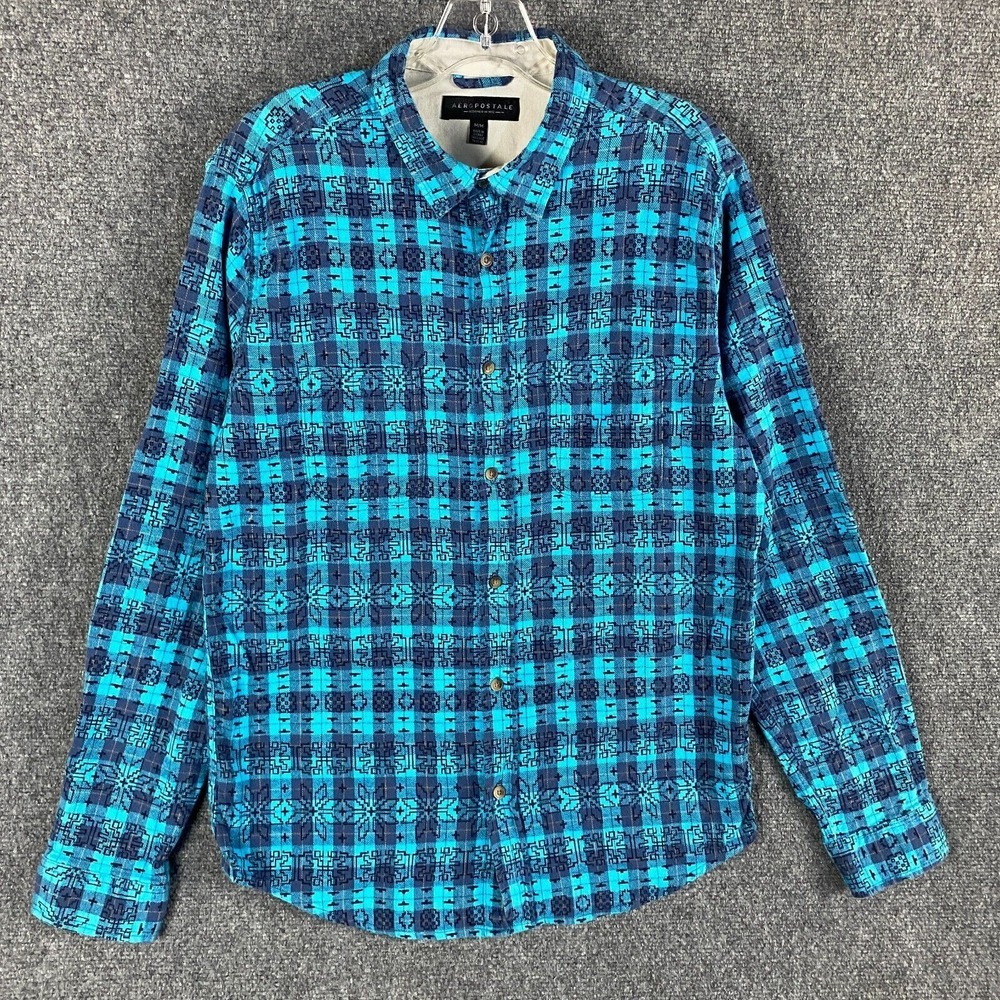Aeropostale Flannel Shirt Men's Medium Blue Tattersall Check Aztec 100% Cotton